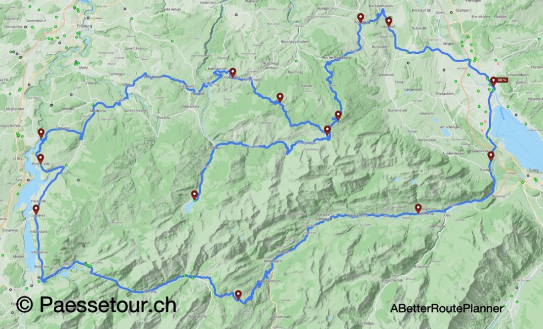 Übersichtskarte von Thun über Charmey zurück nach Thun.